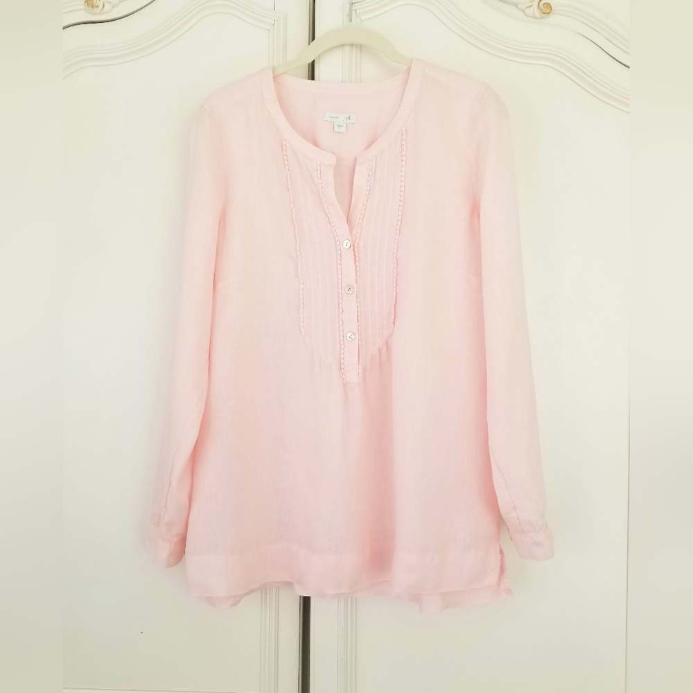 J. Jill Blush Pink Linen Pintuck Long Sleeve Relaxed Fit Pullover Top Small